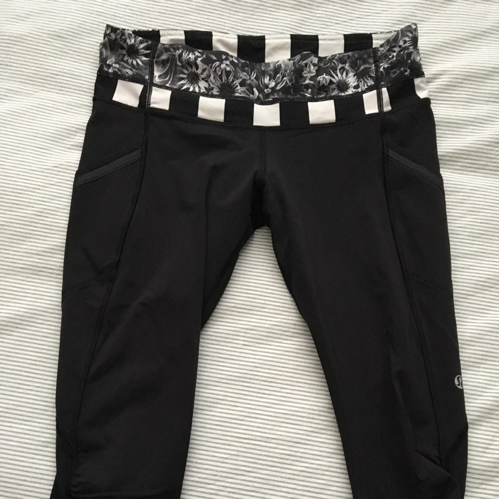 Black Lululemon crop pant with floral waist